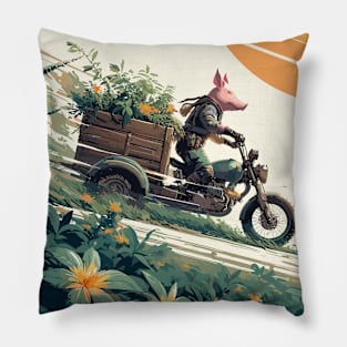 Pig on botanical cargo bike Pillow