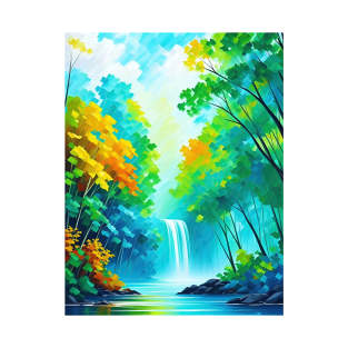 Waterfall In The Forest Watercolor Style - Ai Art T-Shirt