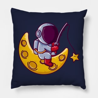 Cute Astronaut Fishing on Moon Cartoon Pillow