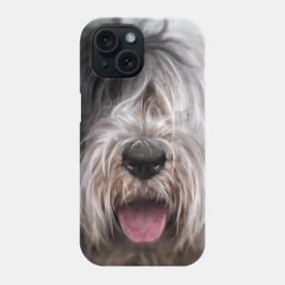 Close Up Painting of a Black and White English Sheep Dog on Blue Background Phone Case