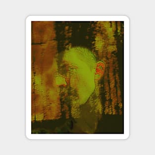 Portrait, digital collage and special processing. Masterpiece. Man looking to car window, reflection. Autumn. Dim, yellow, orange. Magnet