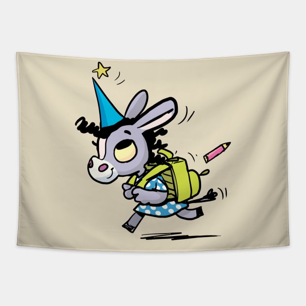 little girl donkey rushes to school Tapestry by duxpavlic