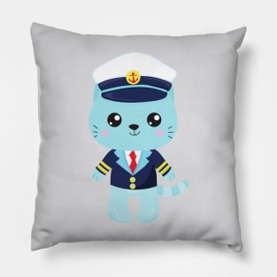 Sailor Cat, Sailor Hat, Boat Captain, Blue Cat Pillow