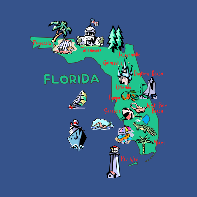 Hand Drawn Illustration of Florida Map with Tourist Destinations, USA by Mashmosh