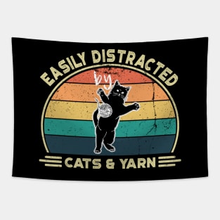 Easily Distracted by Cats and Yarn, Perfect Funny Cat lovers Gift Idea, Distressed Retro Vintage Tapestry