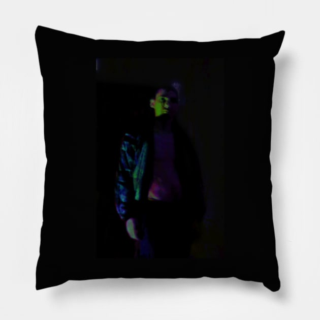 Portrait, digital collage and special processing. Beautiful guy in sport suit with bare torso. Violet and green. Some glow on right. Pillow by 234TeeUser234