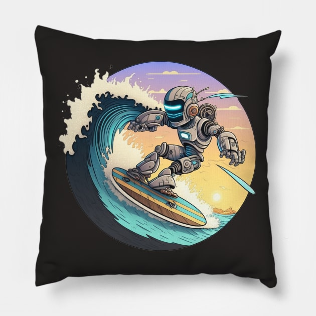 cool Robot surfing on the waves Pillow by abomastour