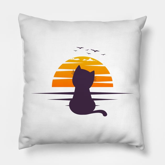 Cat Watching Sunset Pillow by Qprinty