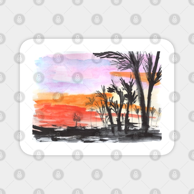 Watercolor background. Exotic landscape, palm trees and summer, art decoration, sketch. Illustration hand drawn modern Magnet by grafinya