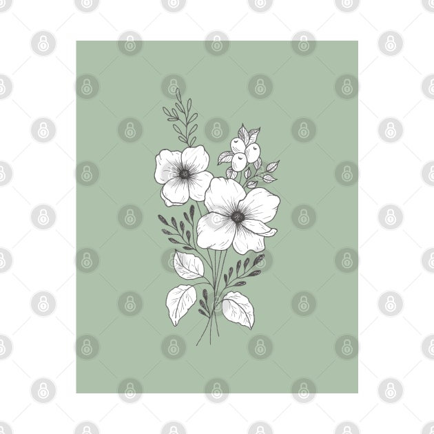 Vintage botanical flowers on green by ApricotBlossomDesign