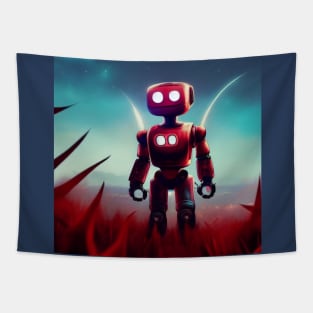 Moon Bot - Big red Robot on a field of thorns Tapestry