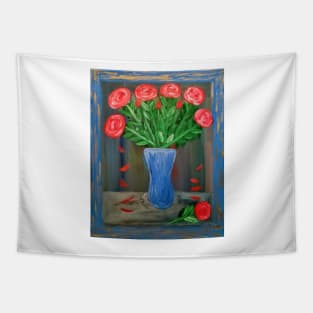 Red roses In blue boarder Tapestry