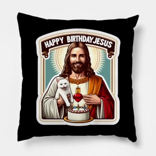 Happy Birthday Jesus with a White Cat and Birthday Cake Pillow