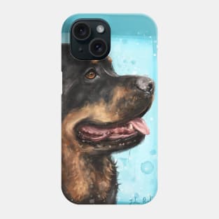 Painting of an Adorable Rottweiler with Its Tongue Out, Light Blue Spattered Background Phone Case