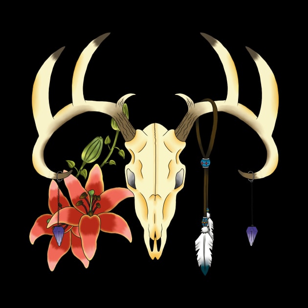 Deer Skull with red lilies by Lukascreaturestudio 