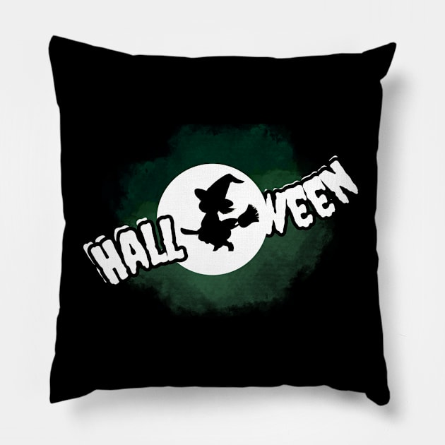 Halloween, witch on a broom against the background of the full moon Pillow by PopArtyParty