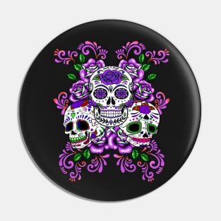 Triple Skull Purple Floral Day Of The Dead Sugar Skulls Pin