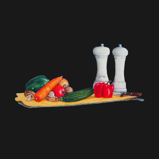 quirky still life art peppers and vegetables by pollywolly