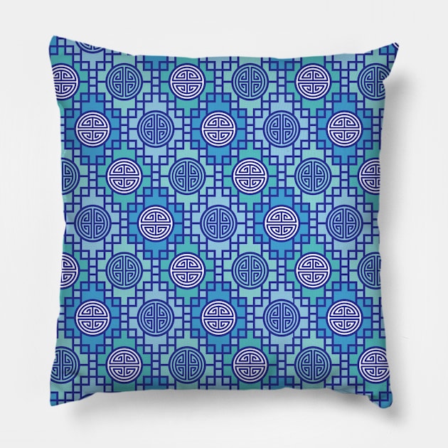 Chinese Geometrics - Blue Turquoise Pillow by Pinkdeer