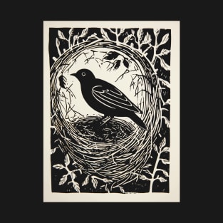 Crow Bird In Nest Nature Retro Linocut T-Shirt