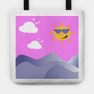 Morning cartoon landscape. Sun, cloud sky illustration Tote