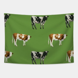 Brush Painted Cow Pattern On Green Tapestry