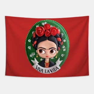 Frida Kahlo kawaii mexican painter cute flower background medallion Tapestry