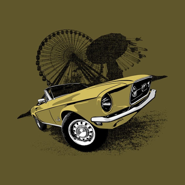 Yellow 68 Mustang convertible against carnival backdrop by ZoeysGarage