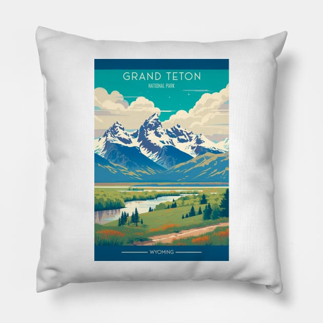 Grand Teton National Park Travel Poster Pillow by GreenMary Design