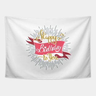 Hand Drawn Happy Birthday to You lettering on sun burst background. Birthday Invitation Retro Emblem. Tapestry