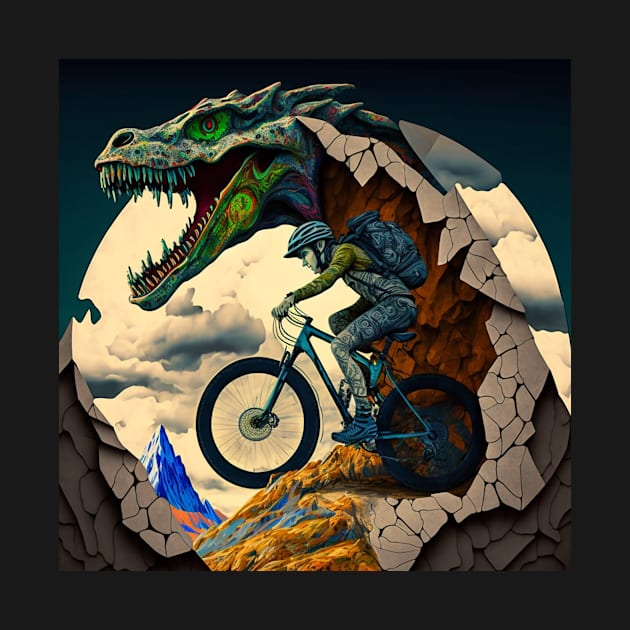 Interesting abstract cartoon mountain biker riding with a dinosaur? by Liana Campbell