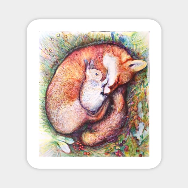 fox and rabbit love illustration with pens Magnet by chandelier2137