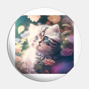 Cute Grey Kitten Floral Background | White, brown and grey cat with blue eyes | Digital art Sticker Pin