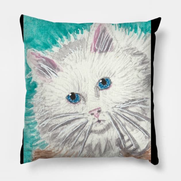 Fluffy white cat watercolor painting Pillow by SamsArtworks