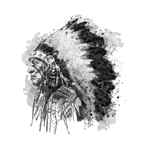 Black and White Watercolor Portrait-Native American Chief Profile by Marian Voicu