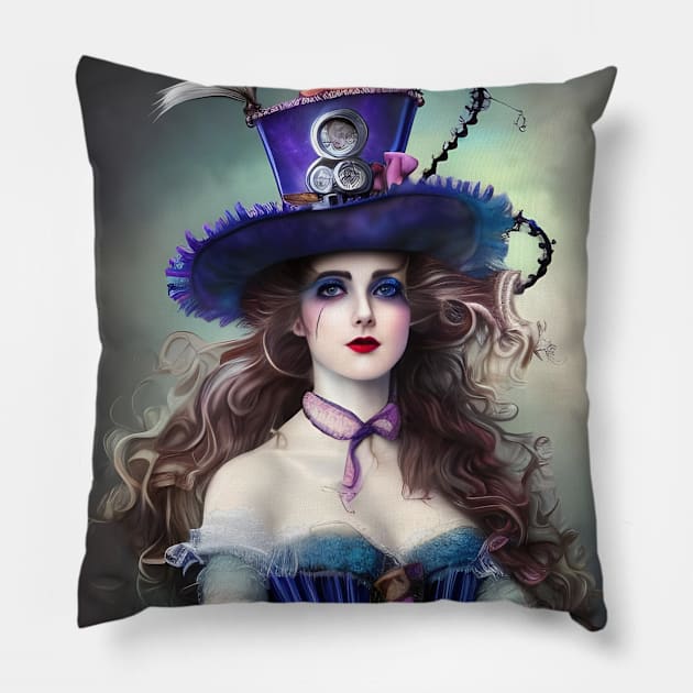 Victorian steampunk woman big hat in blue. Pillow by Tuff Tees