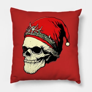 Digital Art of a Skeleton Wearing a Santa Hat and Holding a Christmas Tree Sticker Pillow