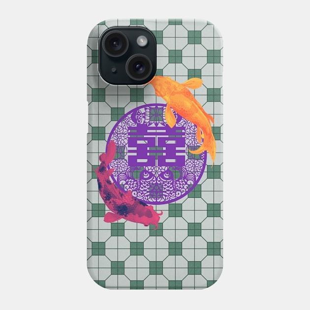 Double Happy Koi Fish - Yoga Calm Vibe Forest Green Tile Floor Pattern Phone Case by CRAFTY BITCH