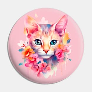 Watercolor romantic cat in flowers Pin