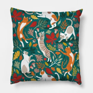 Autumn joy // pattern // pine green background cats dancing with many leaves in fall colors Pillow