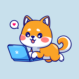 Cute Shiba Inu Dog Working On Laptop Cartoon T-Shirt
