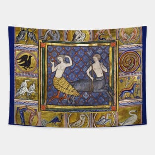 MEDIEVAL BESTIARY,HARPY AND CENTAUR, FANTASTIC ANIMALS IN GOLD RED BLUE COLORS Tapestry