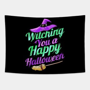 Witch Hat And Broom Wishing Witching You A Happy Halloween Tapestry