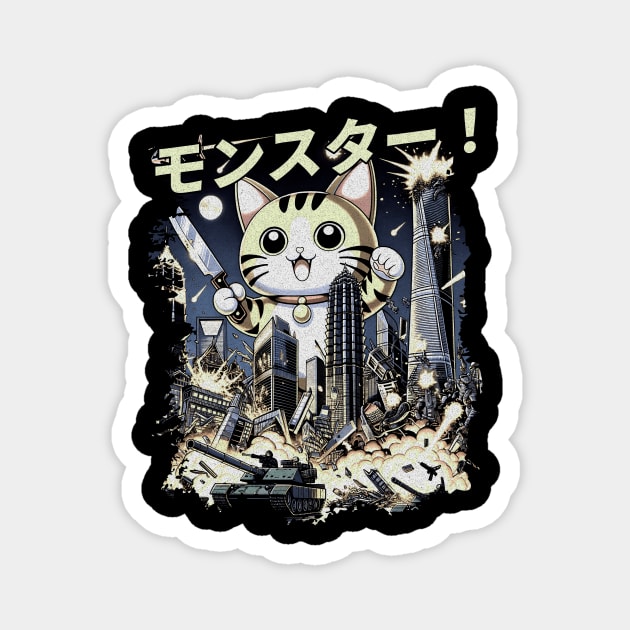 Giant Cat Rampage T-Shirt: Retro Style Monster Cat vs City Magnet by Designed By Marty