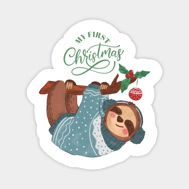 Baby's First Christmas, New Baby Gift sloth Christ Baby Magnet by Sruthi