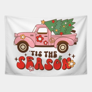 Merry Christmas Tis The Season Retro Truck Christmas Tree Tapestry