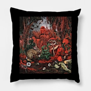 watercolor rabbit tending garden with mushroom Pillow