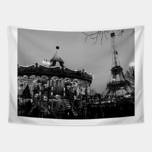 Black and White Eiffel Tower Photography, Carousel, Paris, France Tapestry