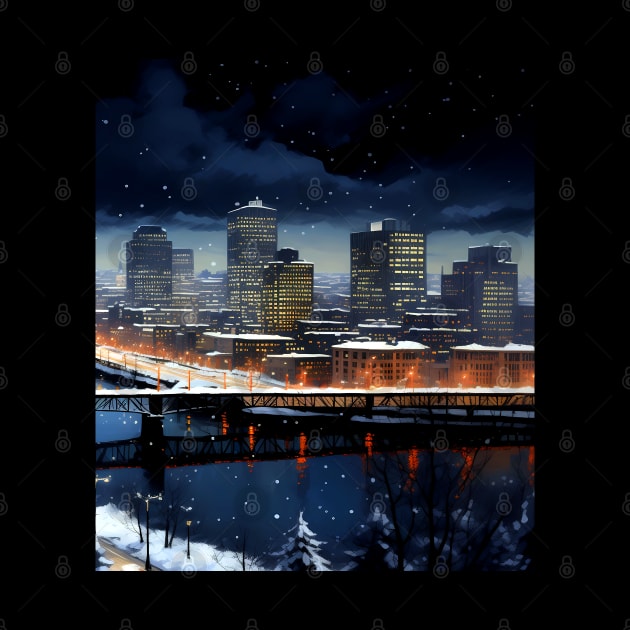 Portland Oregon First Snow: First Snow Scene in Downtown Portland, Oregon on a Dark Background by Puff Sumo