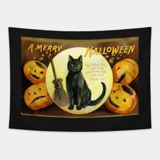 Victorian Halloween Black Cat with Pumpkins Greetings Tapestry